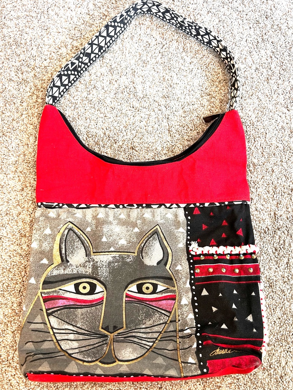 Laurel Burch Canvas Muti Media Cat Lady Shoulder Bag. Rope and bead details. EUC